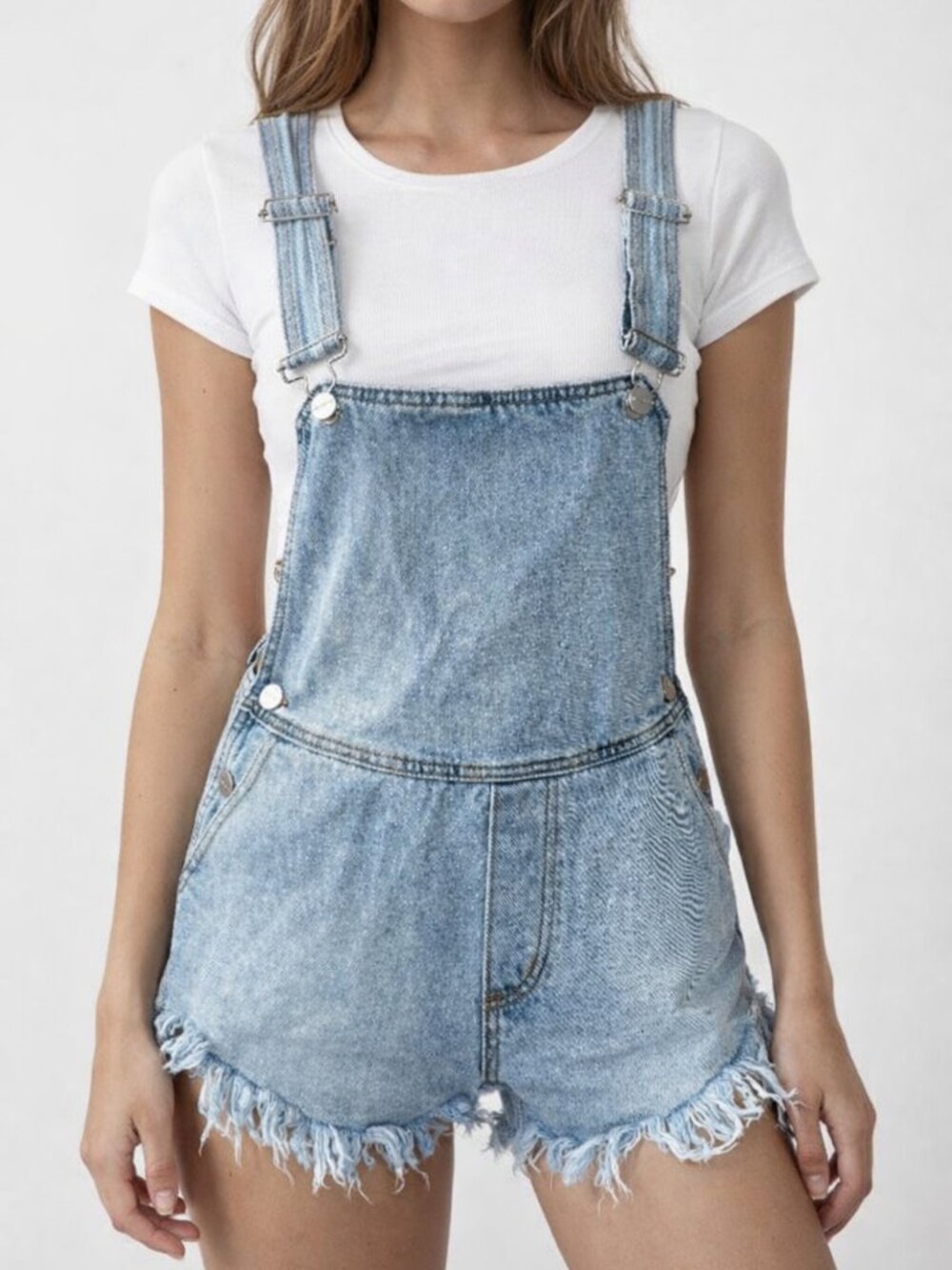 Superdown Denim Overall Shorts Size 25 Light Wash Distressed Frayed Hem